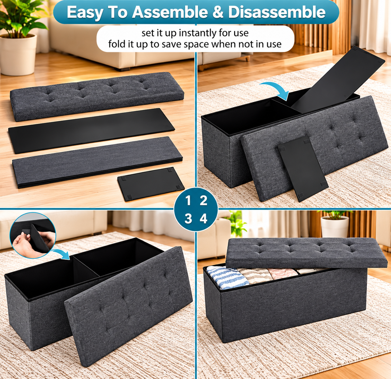 🛋️ POUF DE RANGEMENT 3 PLACES – DESIGN MODERNE